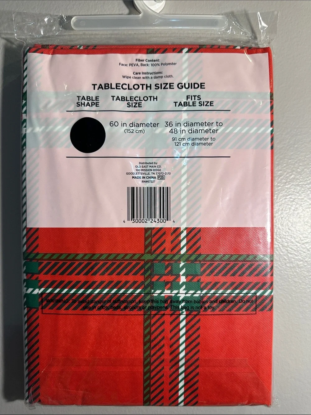 PEVA Round Tablecloth 60” Red and Green Plaid – Christmas Table Cover